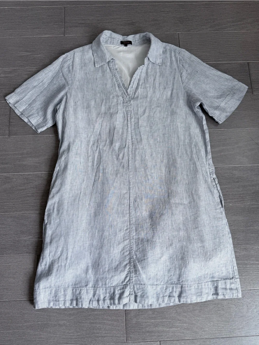 Quince 100% European Linen Popover Mini Dress Blue Pinstripe M Summer Pockets - Picture 14 of 15